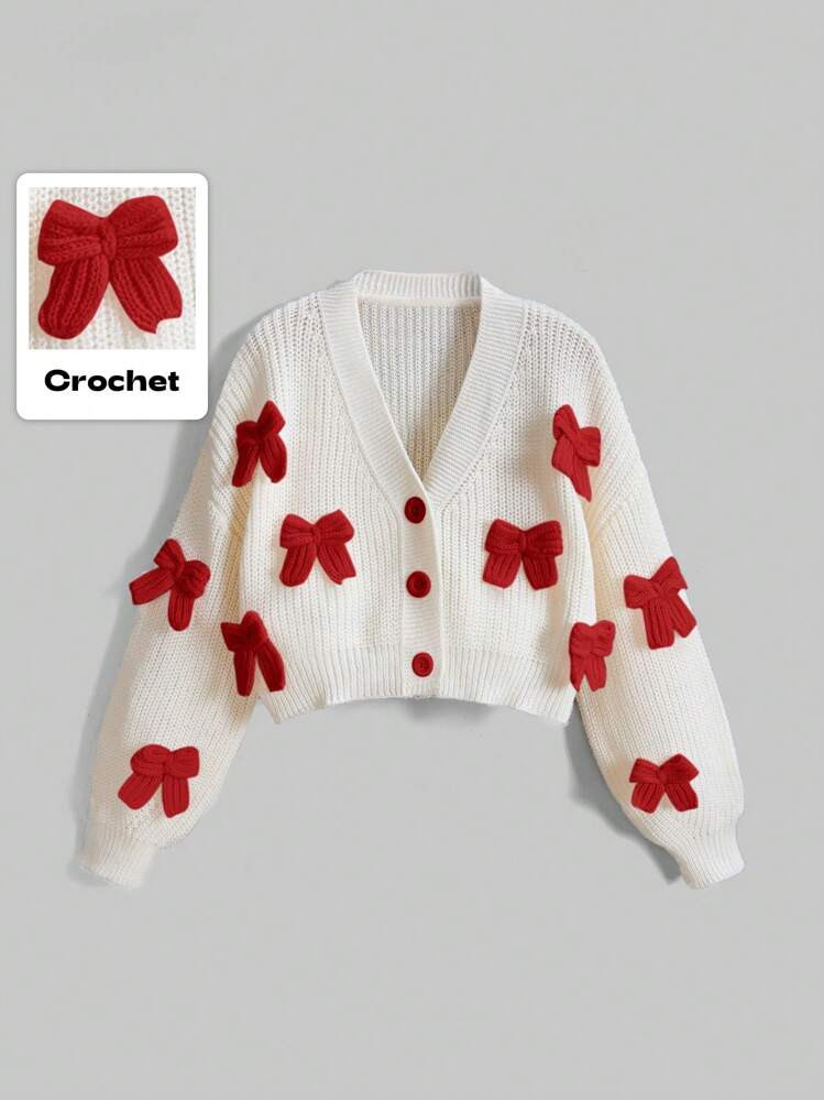 ROMWE Kawaii Women's Valentine's Day/Halloween Red 3D Bow Knit Cardigan, Cute Girly,Long Sleeve T... | SHEIN