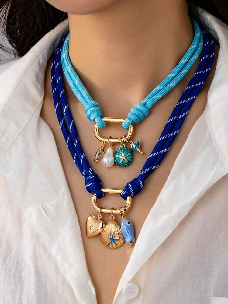 1pc Bohemian Style Blue Rope Necklace With Carabiner Pendant And Marine Life Pendant - Summer Vac... | SHEIN