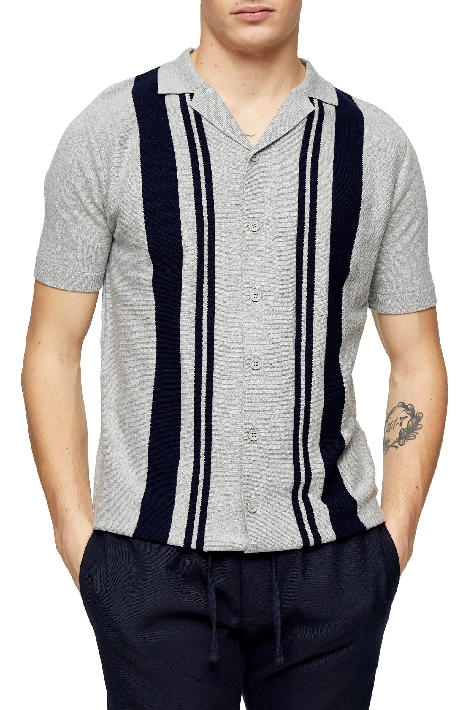 Stripe Revere Collar Short Sleeve Button-Up Sweater | Nordstrom