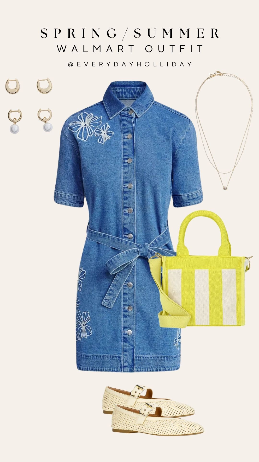 Spring summer outfit — Walmart edition. Floral embroidered denim shirt dress, the cutest yellow striped tote, woven Mary Janes, and layered gold accessories. Looks way more expensive than it is. Which piece is your favorite?​​​​​​​​​​​​​​​​

#LTKSeasonal #LTKgrwm #LTKootd