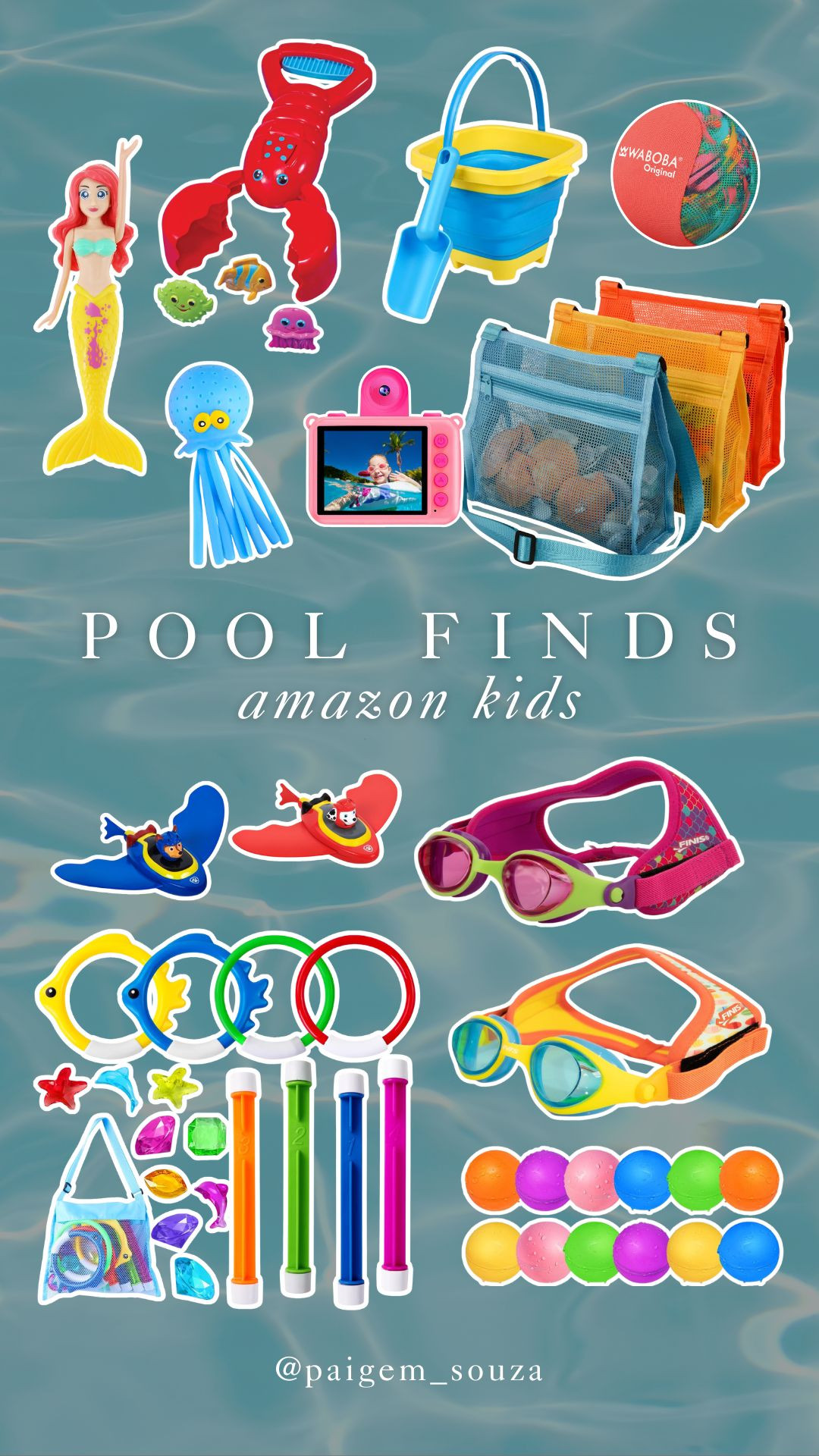 Amazon pool finds for kids. 🏊 Small enough to pack, vacation pool toys, travel friendly swim gear, compact beach toys, mom approved summer finds. 

Goggles, dive sticks, pool floats, sand bucket set, waterproof camera, mesh toy bags and easy grab-and-go water toys for spring break and family trips.  

 #LTKSeasonal #LTKKids