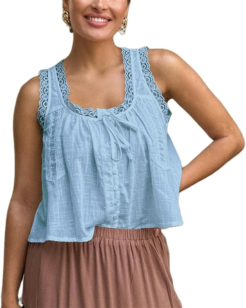 Women Summer Boho Lace Tank Top Vest Tie Front Vacation Beach Cami Tops Sleeveless Button Down Ca... | Amazon (US)