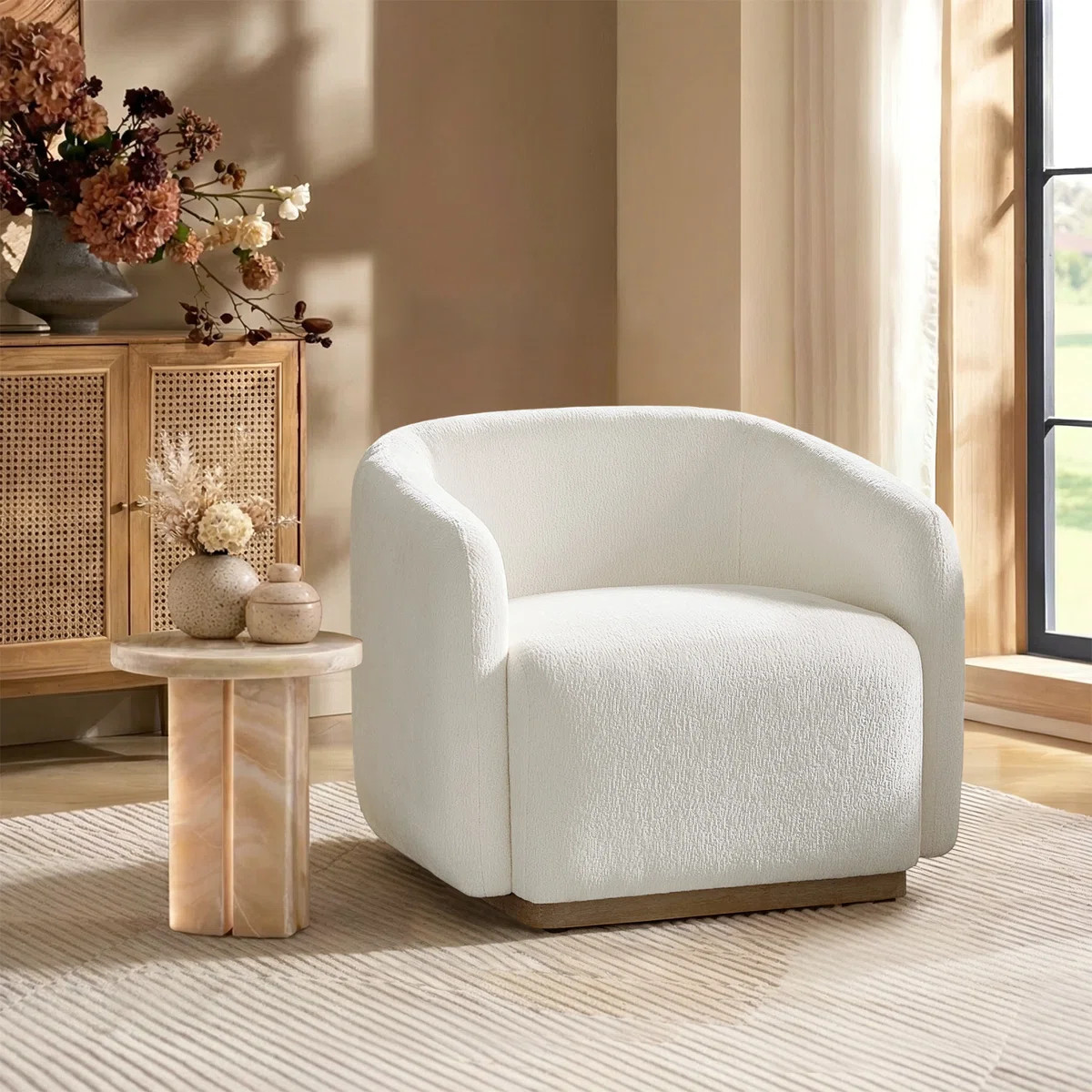 Berklie 35"W Modern Boucle Chenille Swivel Armchair with Solid Wood Base | Wayfair North America