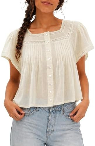 Boho Tops for Women 100% Cotton Lace Babydoll Tops Square Ruffled Flutter Sleeve Button Down Shir... | Amazon (US)