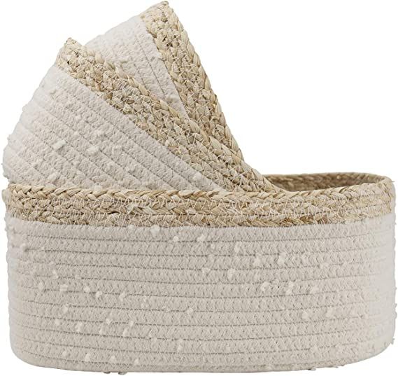 Rope Woven Storage Baskets Set of 3 - Small White Rope Baskets for Shelves, Decorative Nursery Ba... | Amazon (US)