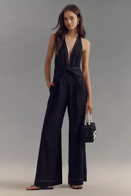 Maeve Linen Halter Bow Jumpsuit | Anthropologie (US)