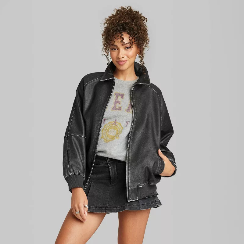 Women's Distressed Faux Leather Bomber Jacket - Wild Fable™ Black XS | Target