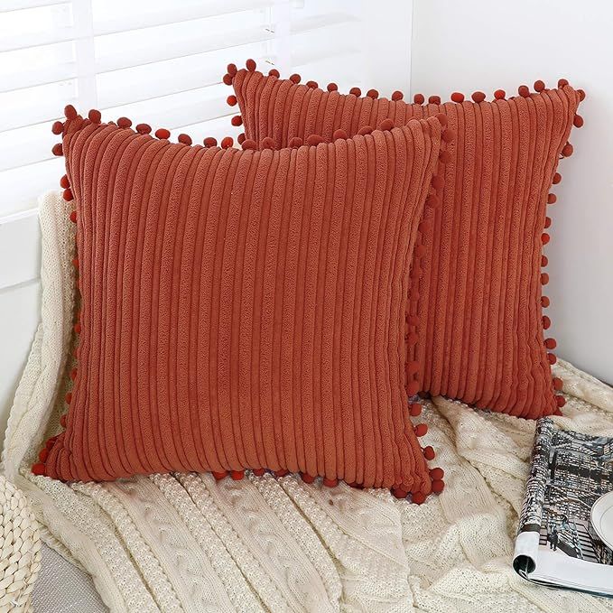 Oirpro Burnt Orange Pillow Covers 18x18 inch with Pom-poms Set of 2 Corduroy Farmhouse Boho Accen... | Amazon (US)