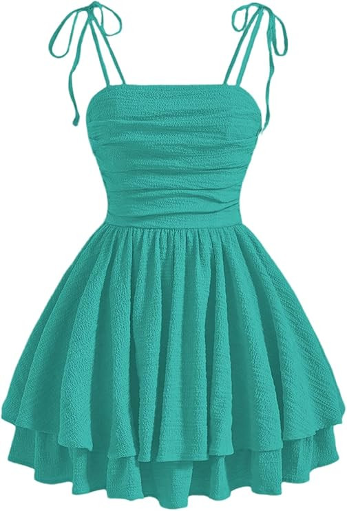 WDIRARA Women's Tie Shoulder Ruched Sleeveless Shirred Layered Ruffle Hem Cocktail Party Cami Dre... | Amazon (US)