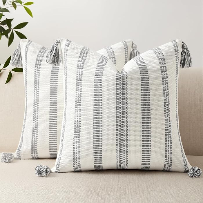Smile Bee Boho Outdoor Couch Throw Pillow Covers Set of 2 Decorative Thick Woven Striped Accent N... | Amazon (US)
