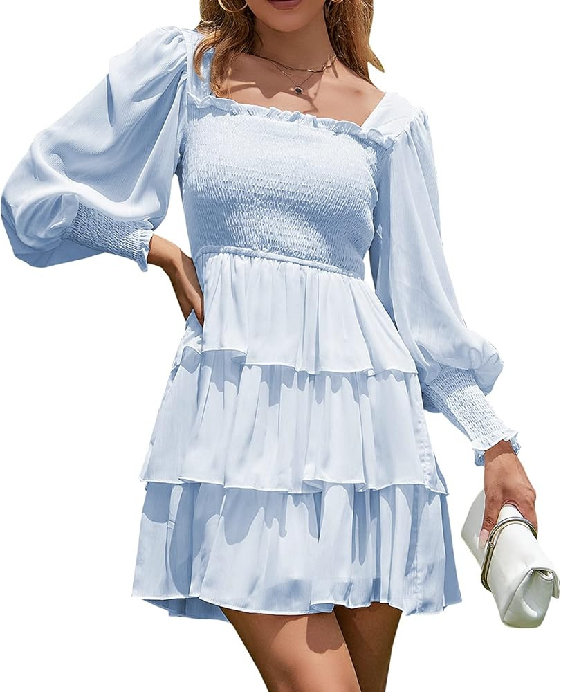 Byinns Women's Square Neck Ruffle Dress Long Sleeve Floral Print Tiered Tie Back Layered Swing Mini  | Amazon (US)