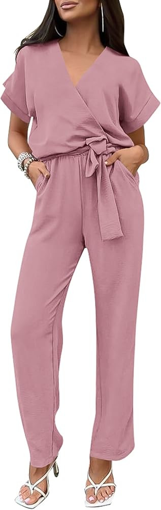 PRETTYGARDEN Women's One Piece Jumpsuits Dressy Casual Summer Short Sleeve Wrap V Neck Wide Leg P... | Amazon (US)