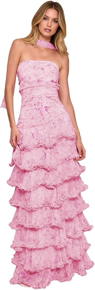 Strapless Prom Dress for Women Floral Tiered Evening Party Gown with Scarf | Amazon (US)