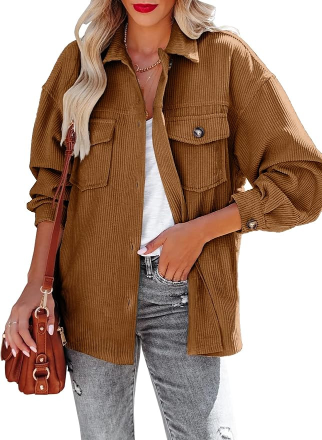 MIHOLL Womens Corduroy Jacket Shacket Long Sleeve Button Down Collared Shirt Top | Amazon (US)
