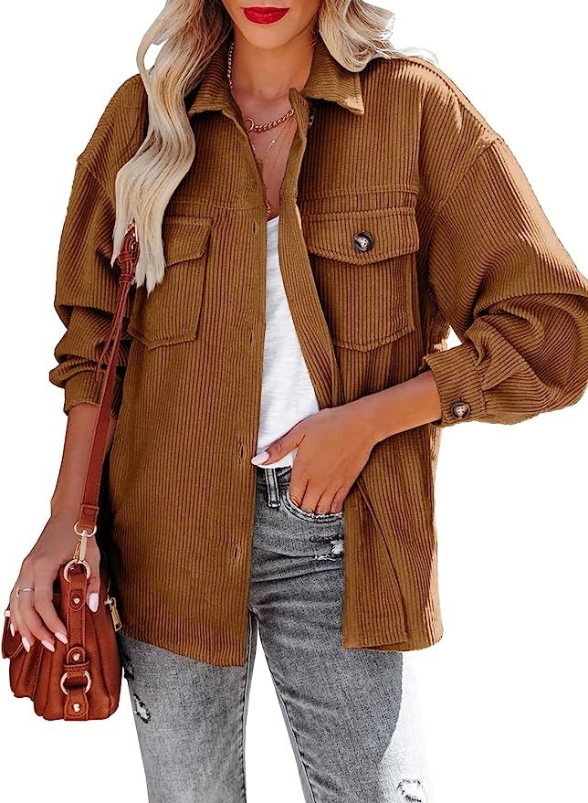 MIHOLL Womens Corduroy Jacket Shacket Long Sleeve Button Down Collared Shirt Top | Amazon (US)