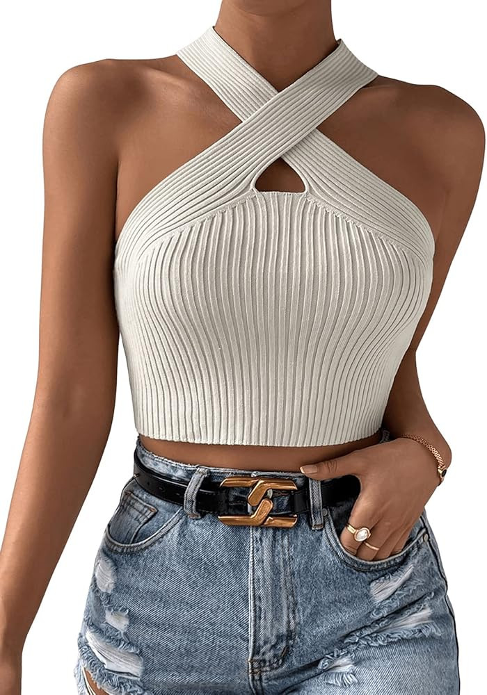 SweatyRocks Women's Casual Criss Cross Top Halter Top Off White Crop Top Cream Top Knit Top Tops | Amazon (US)