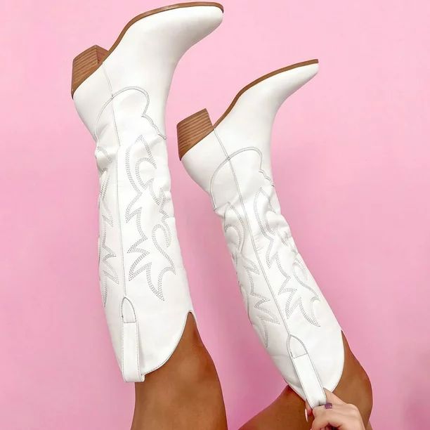 Erocalli Women's Western Cowboy Boots Embroidered Knee High Cowgirl Shoes White Size 8 | Walmart (US)