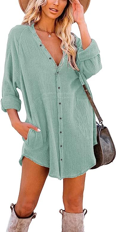 iGENJUN Women's Long Sleeve Button Down Tunic Dresses with Pockets | Amazon (US)