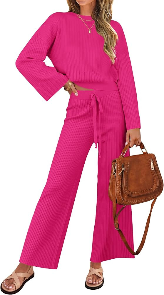 ZESICA Women's 2 Piece Outfits Set 2024 Casual Long Sleeve Knit Pullover Top and Wide Leg Pants S... | Amazon (US)