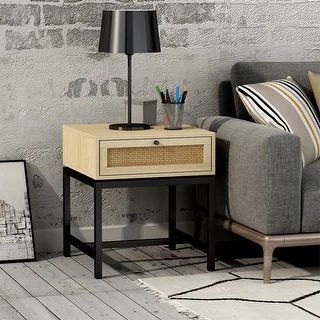 Mid Century Modern Rattan Nightstand, Farmhouse Bedside Table with Natural Rattan Cane Drawer, Wo... | Bed Bath & Beyond