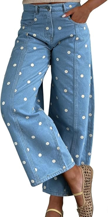 chouyatou Women's 2026 Polka Dot Pattern Barrel Jeans Boyfriend Y2K Casual Wide Leg Mid Rise Deni... | Amazon (US)