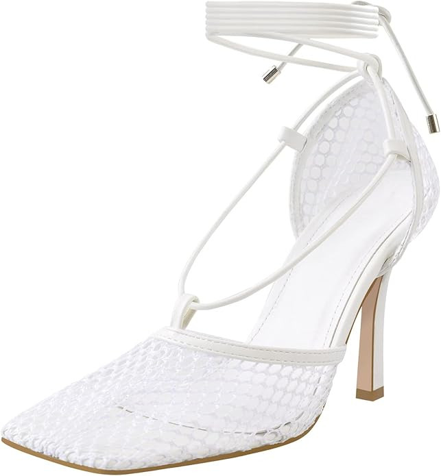 Richealnana Women's Square Toe Mesh Lace Up Strappy Sexy Sandals | Amazon (US)