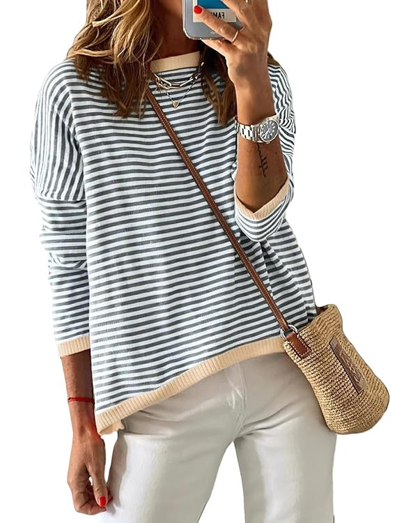 Dokotoo Women's Long Sleeve Sweaters Casual Crewneck Fashion Fall Striped Color Block Shirts High... | Amazon (US)