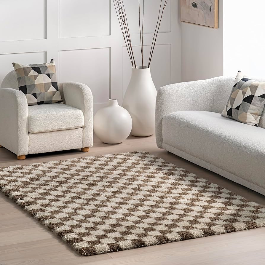 nuLOOM Adelaide Mid-Century Checkered Shag Area Rug, 4x6, Beige | Amazon (US)