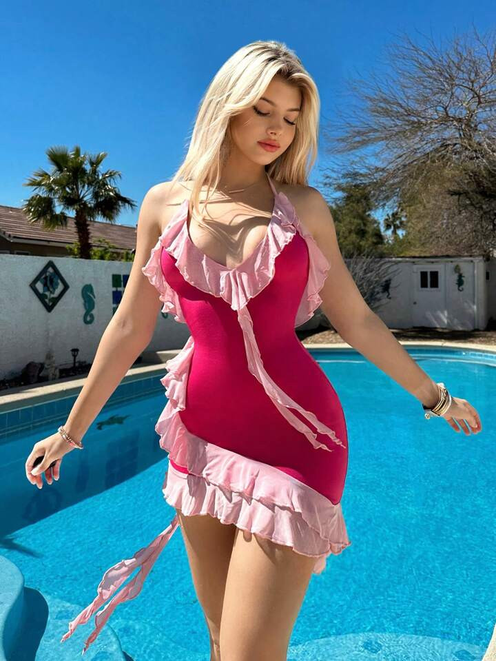 SHEIN ICON Ruffle Trim Tie Backless Halter Bodycon Dress | SHEIN