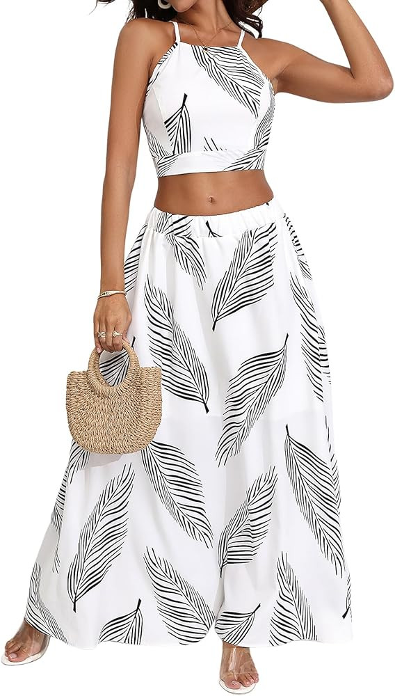 Women's 2 Piece Outfits Tropical Print Beach Outfits Tie Cami Crop Top and Split Maxi Skirt Sets ... | Amazon (US)
