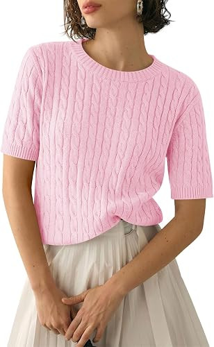 Saodimallsu Womens Cable Knit Sweater Tops Short Sleeve Crew Neck Loose Casual Summer Pullover Sw... | Amazon (US)