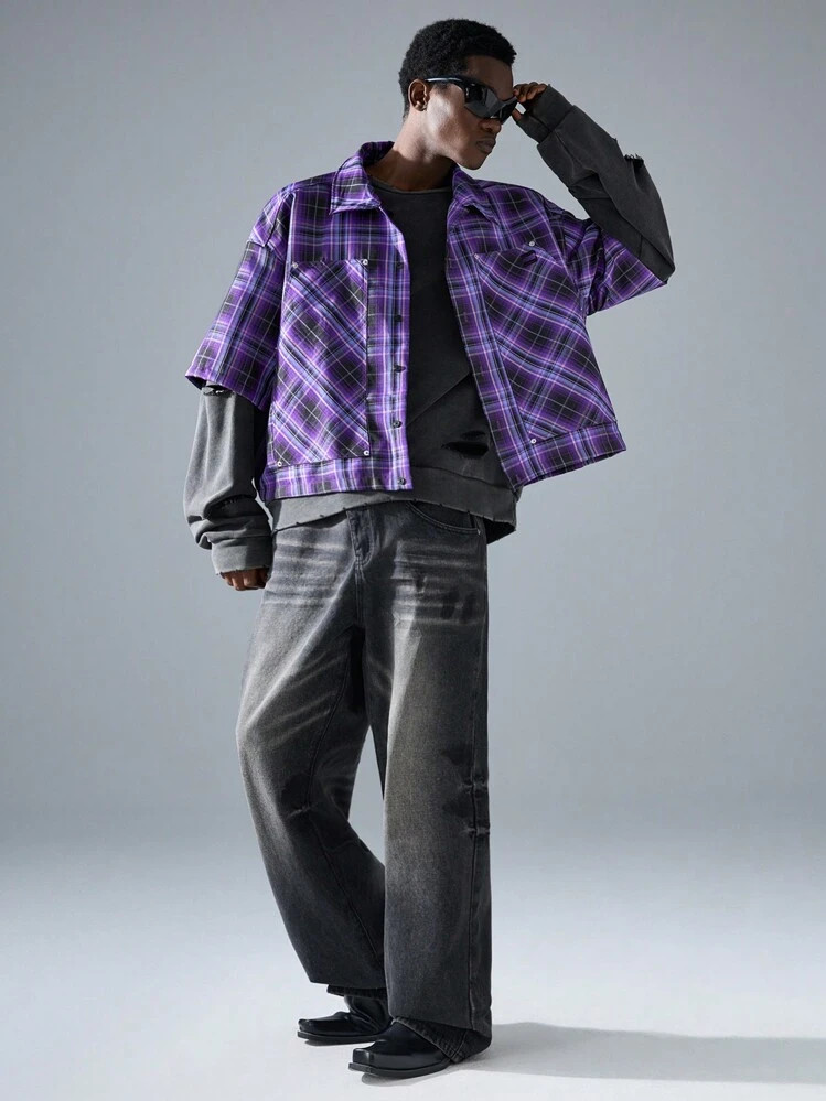 NEON BLANC Heren Street Style Paars Geruit Borduurwerk Korte Mouw Geweven Overhemd | SHEIN