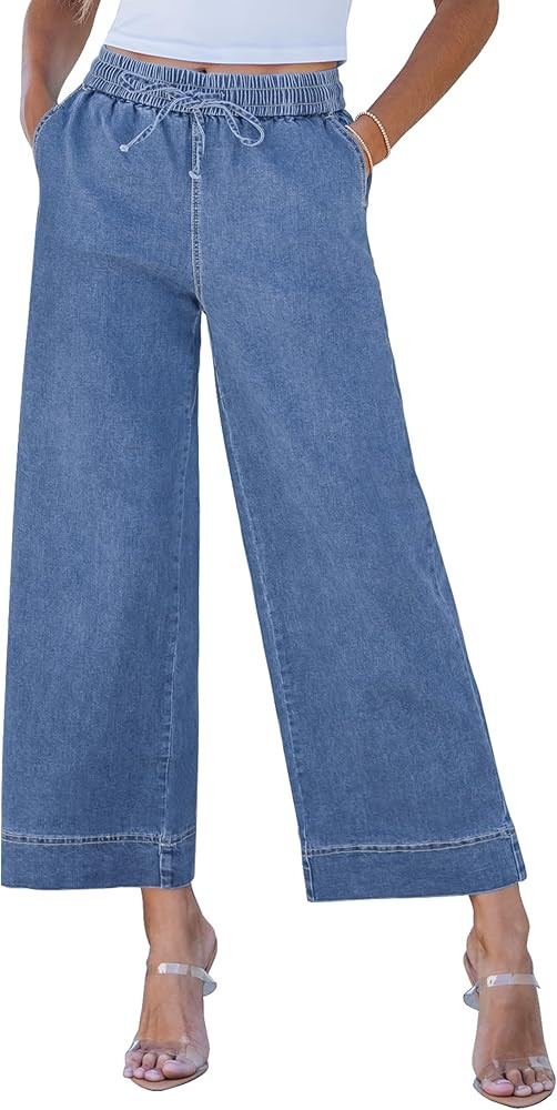 luvamia Wide Leg Jeans for Women High Waisted Cropped Pull On Jeans Elastic Wasit Drawstring Stre... | Amazon (US)
