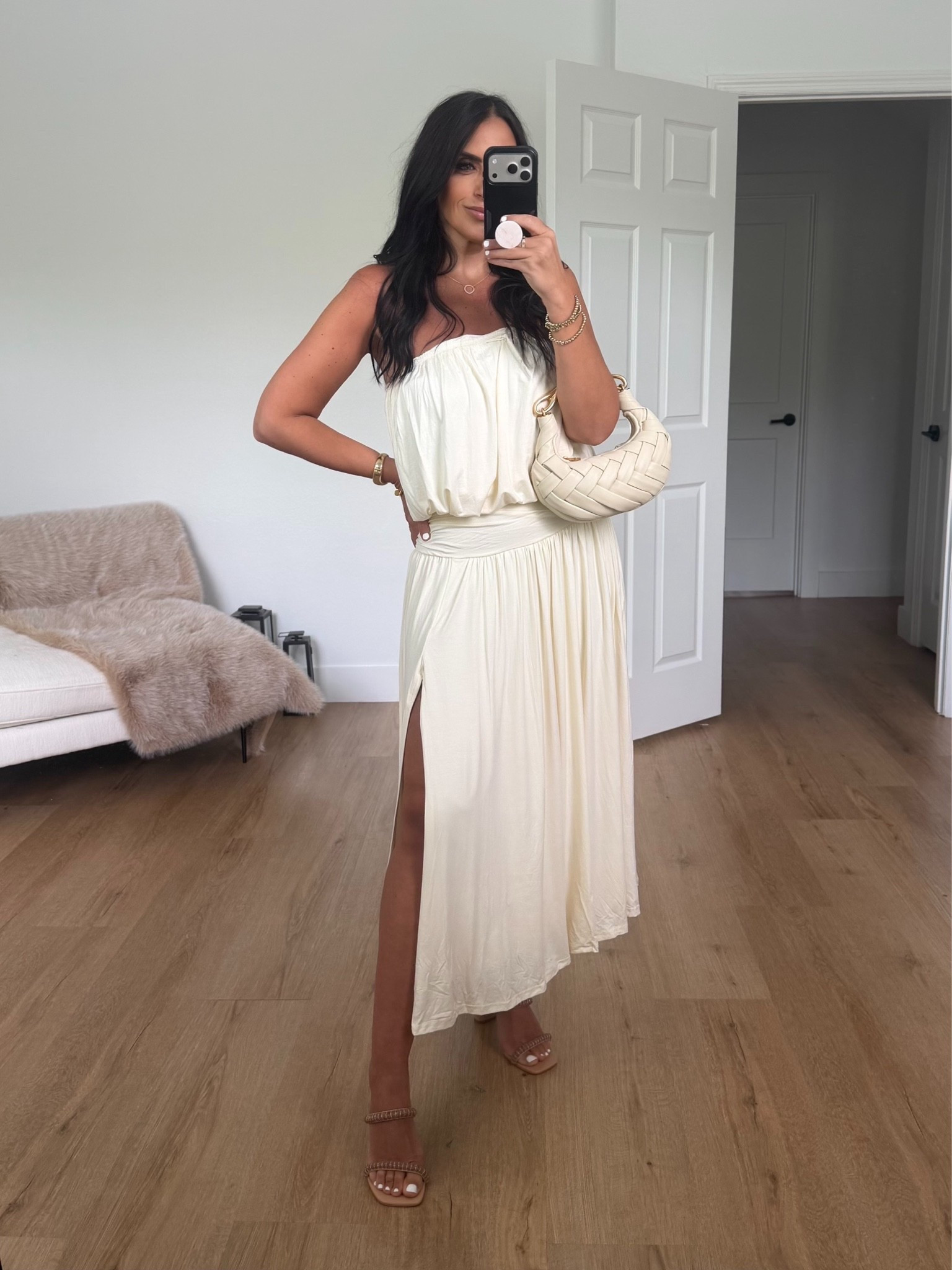Jersey Draped Strapless Ruched Side Slit Flared Maxi Dress For Vacation wearing size 4
