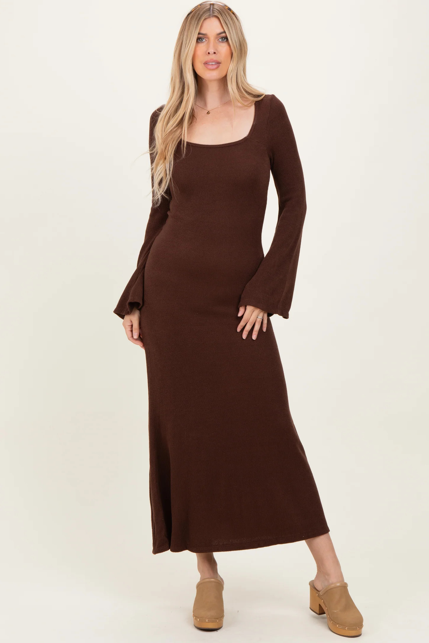 Brown Solid Ribbed Long Sleeve Square Neck Maxi Dress | PinkBlush Maternity