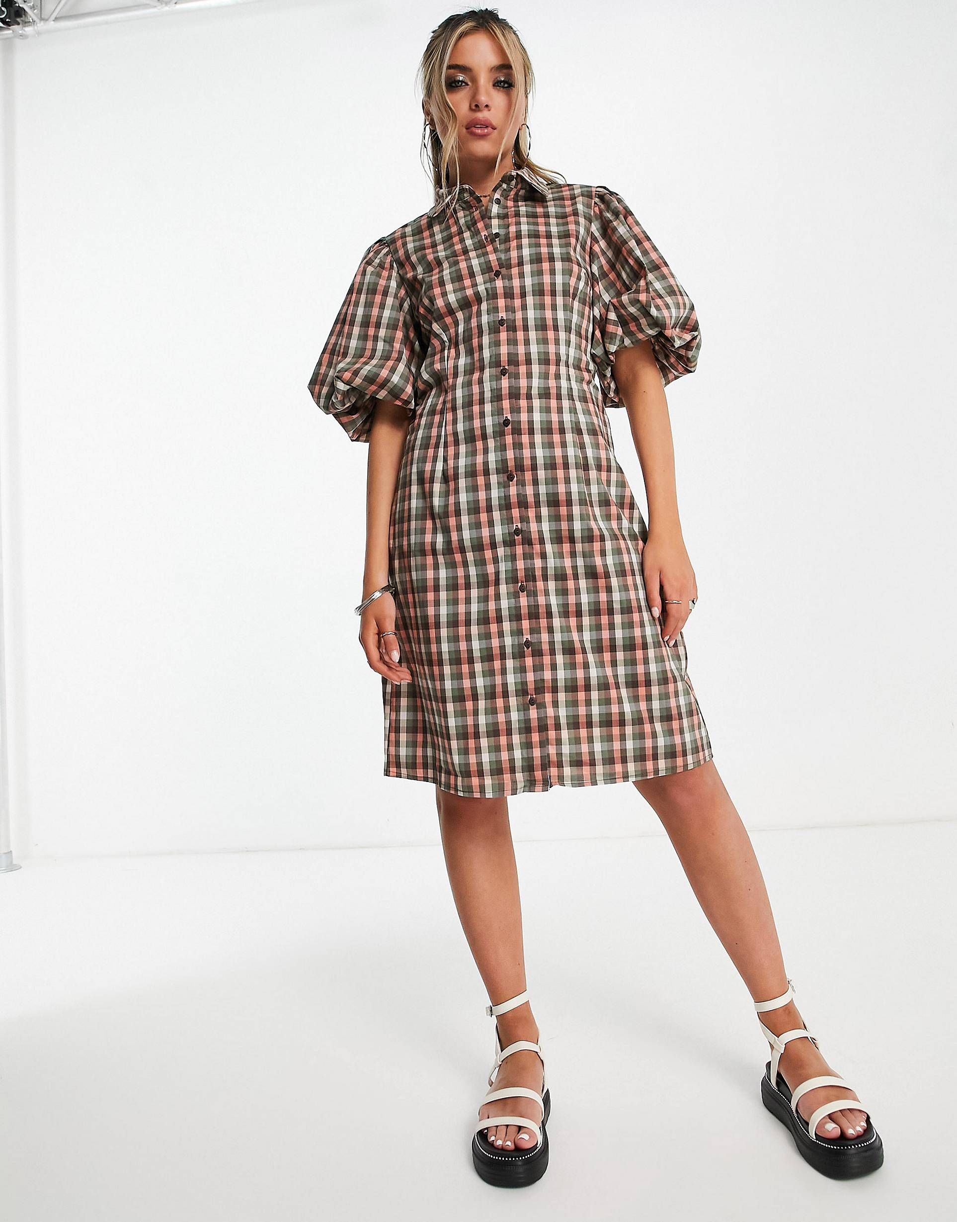 Object check mini dress with puff sleeves in khaki | ASOS | ASOS (Global)