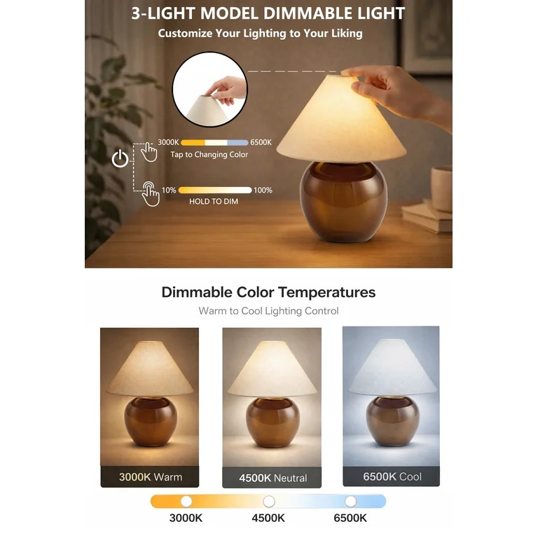 Better Homes & Gardens 8.5 in Amber Glass Rechargeable LED Portable Table Lamp with Dimmable Touc... | Walmart (US)
