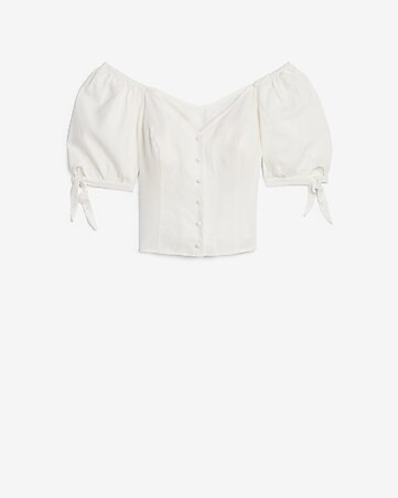 Linen-blend Off The Shoulder Tie Sleeve Top | Express