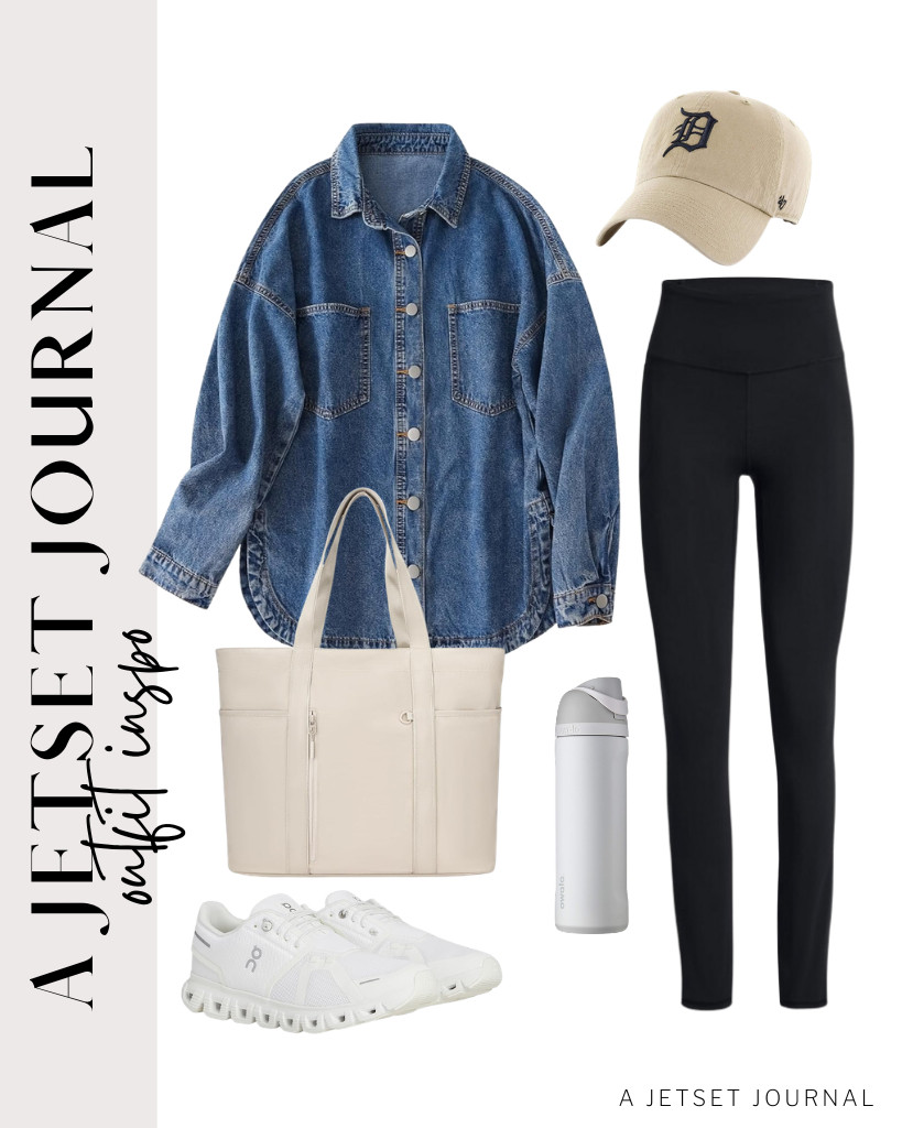 This combination of a wash blue oversized denim shirt and comfy leggings is what I want to wear on a trip. It is comfy and stylish. Wear a ‘47 Brand clean-up cap and carry this nylon tote bag with you to complete the look. 

 #LTKSeasonal #LTKSaleAlert #LTKTravel