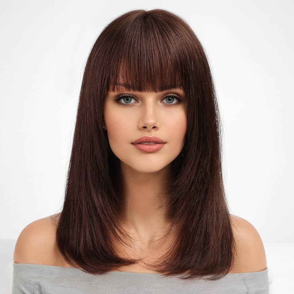 KKU 16 Inch Dark Brown Human Hair Wigs for Women,Layered Straight Hair Wig with Bangs,Wear Natura... | Amazon (US)