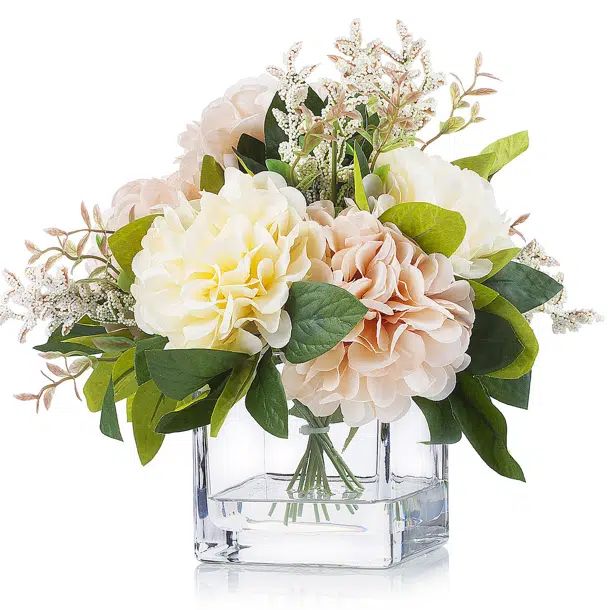 Artificial Silk Dahlia Flower Arrangement In Clear Glass Vase With Faux Water | Wayfair North America