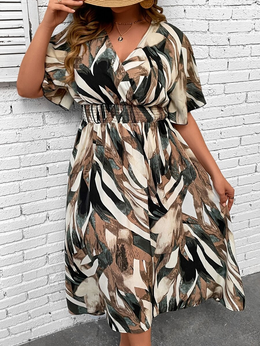 SHEIN LUNE Women Plus Allover Print Surplice Neck Flounce Sleeve Dress Outfit, Summer | SHEIN