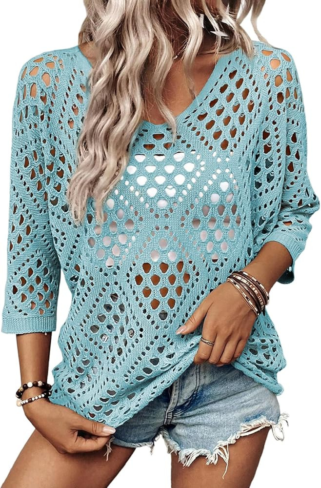 SHEWIN Womens Summer Tops Hollow Out Beach Crochet Cover Ups V Neck 3/4 Sleeve Pullover Sweater S... | Amazon (US)