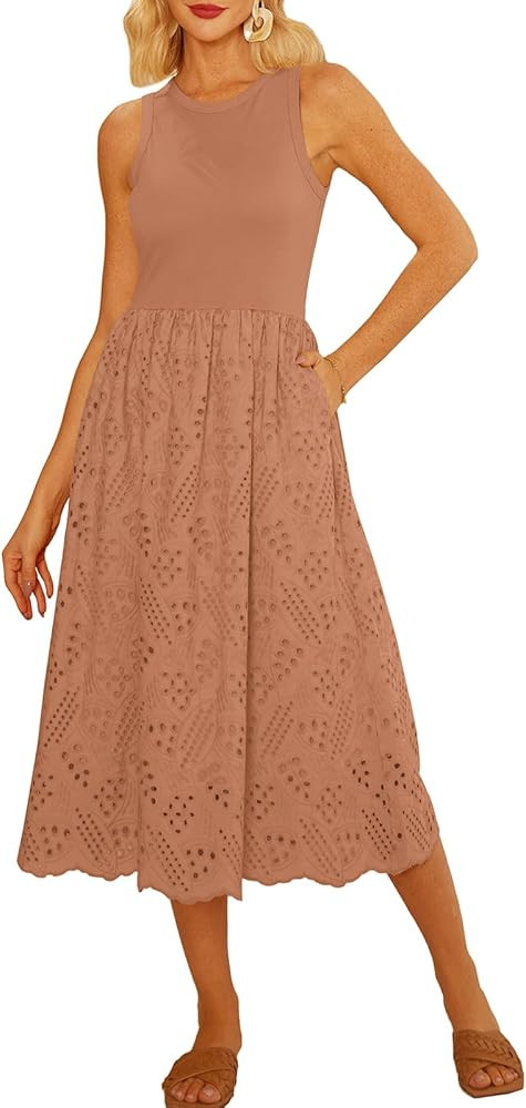 GRACE KARIN Women's Summer Sleeveless Tank Dress A Line Midi Dress Eyelet Crewneck Casual Holiday... | Amazon (US)