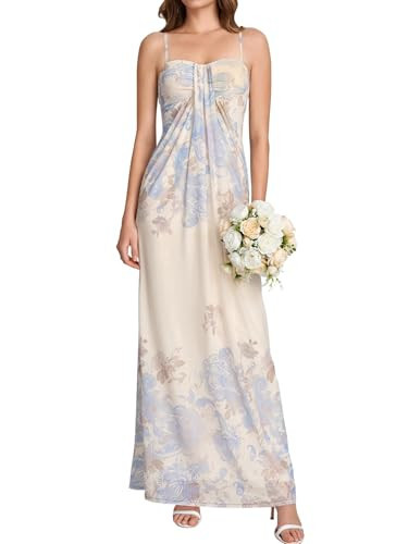 KUTUMAI Floral Maxi Dresses for Women 2026 Summer Spaghetti Strap Bodycon Long Beach Wedding Guest Dress BlueFloral S | Amazon (US)