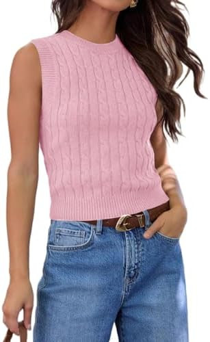 Ezbelle Women's Summer Crop Shirts Sleeveless Tops Cable Knit Tank Work Sweaters Vest Trendy Outf... | Amazon (US)