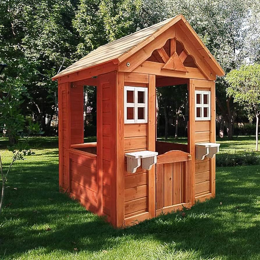 Outdoor Playhouse for Kids Wooden Backyard Playhouse Fir Wood Pretend Game House with 2 Windows a... | Amazon (US)