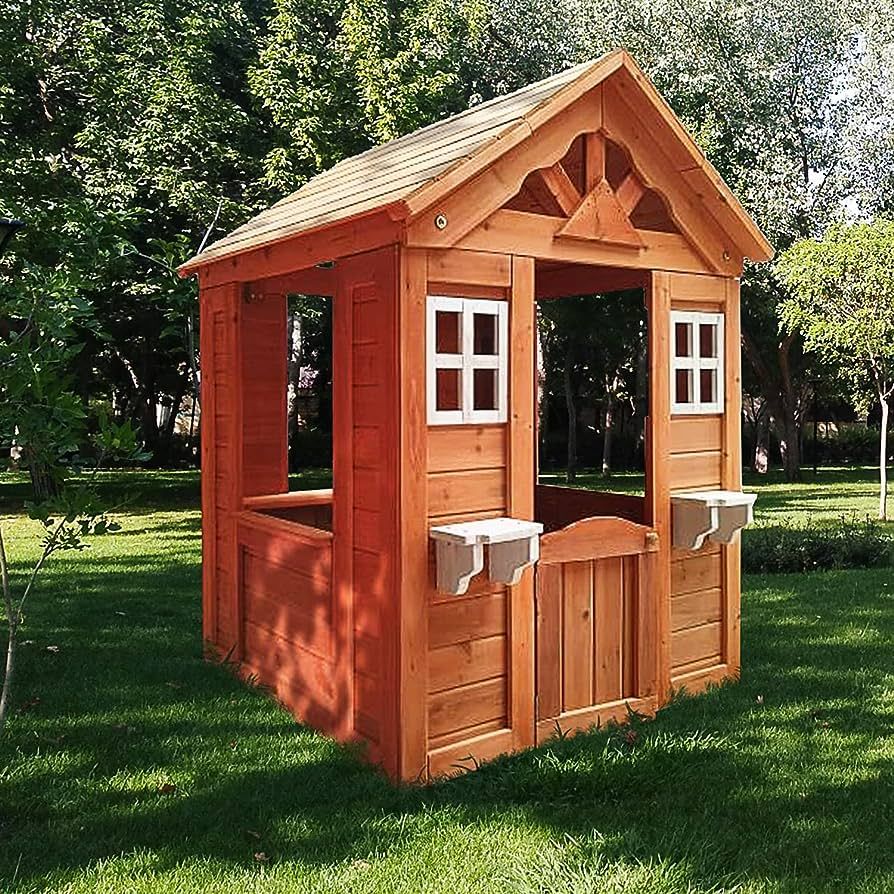 Outdoor Playhouse for Kids Wooden Backyard Playhouse Fir Wood Pretend Game House with 2 Windows a... | Amazon (US)