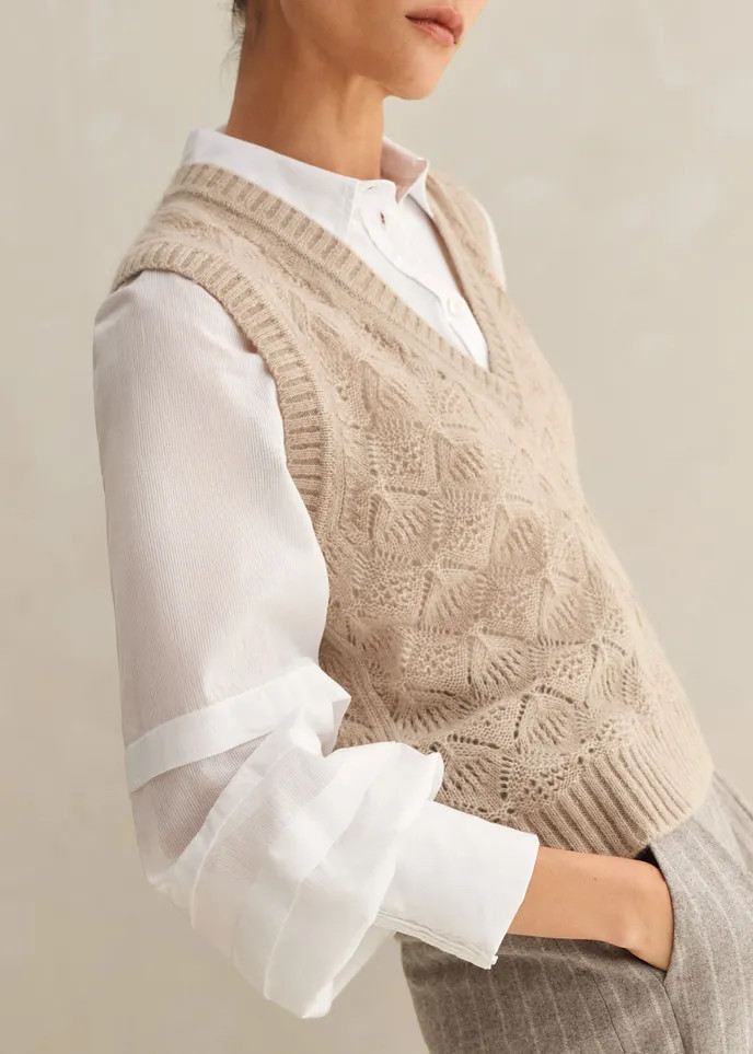 Merino Cashmere Silk Lace Stitch V Neck Vest | ME+EM US