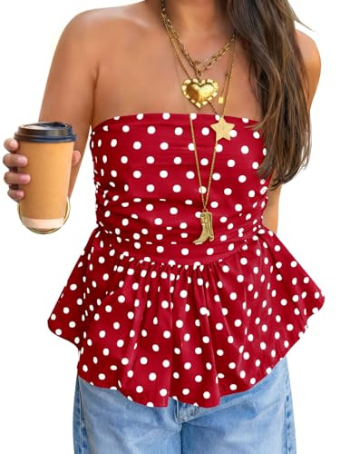Tankaneo Womens Strapless Polka Dot Tube Tops Summer Cute Backless Peplum Ruffle Hem Bandeau Top Slim Fit Y2k Tank Tops Red | Amazon (US)